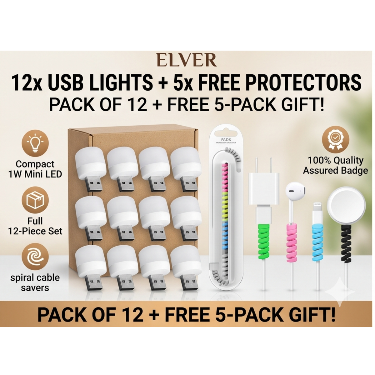 Pack of 12 usb small light white bulb with free protector for cable