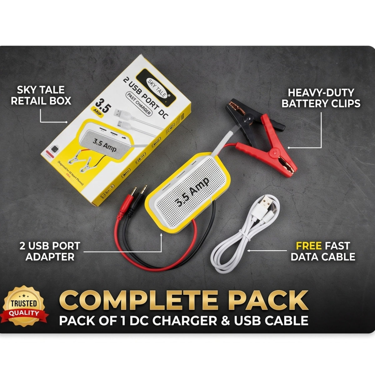 Sky Tale 2 USB Port. Fast Charger 3.5 Amp with Battery Clips & Fast Data Cable – 12V-24V Direct Battery Mobile Charger