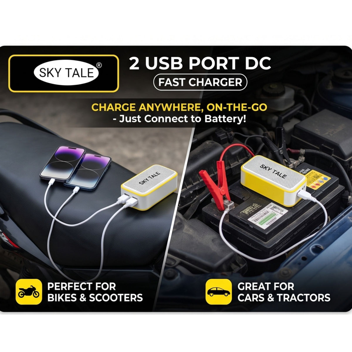 Sky Tale 2 USB Port. Fast Charger 3.5 Amp with Battery Clips & Fast Data Cable – 12V-24V Direct Battery Mobile Charger