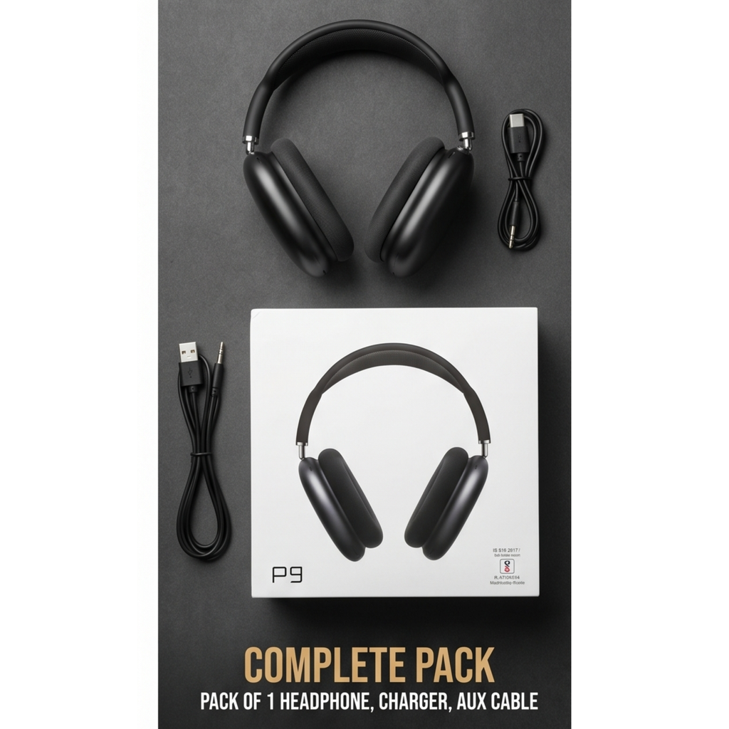 P9 Wireless Bluetooth Over-Ear Headphones with Deep Bass, Mic & Fast Charging – (Black)