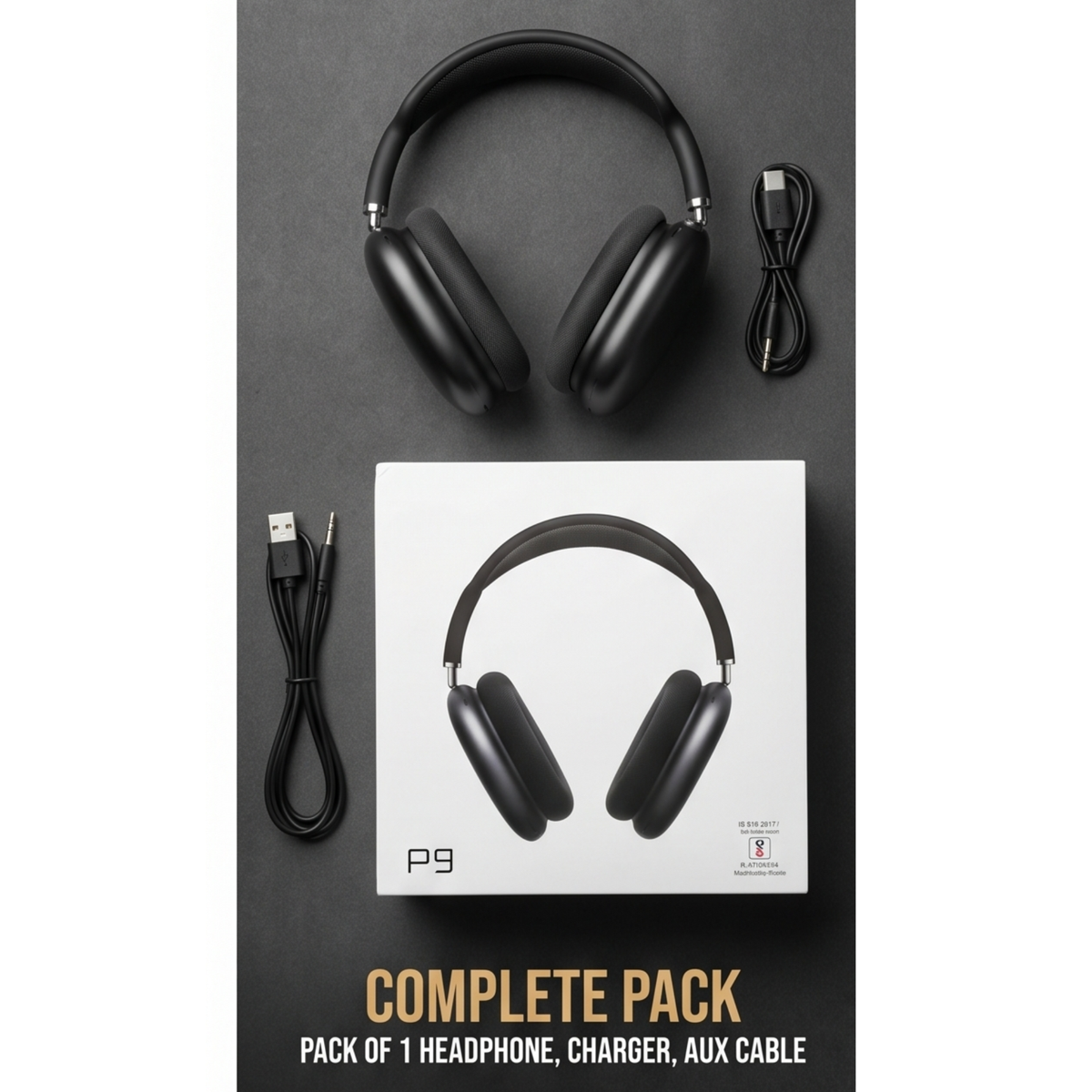 P9 Wireless Bluetooth Over-Ear Headphones with Deep Bass, Mic & Fast Charging – (Black)