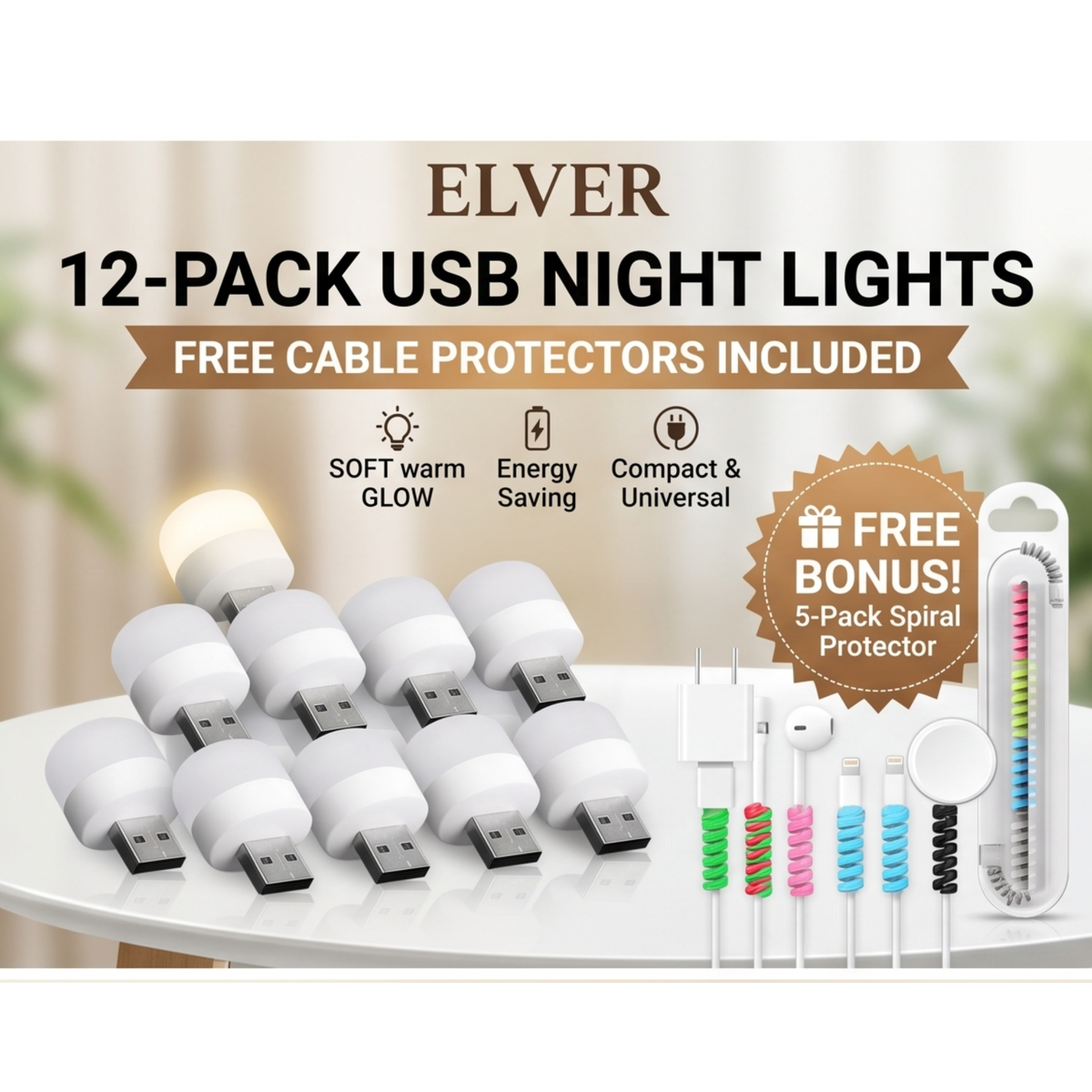 Pack of 12 usb small light white bulb with free protector for cable
