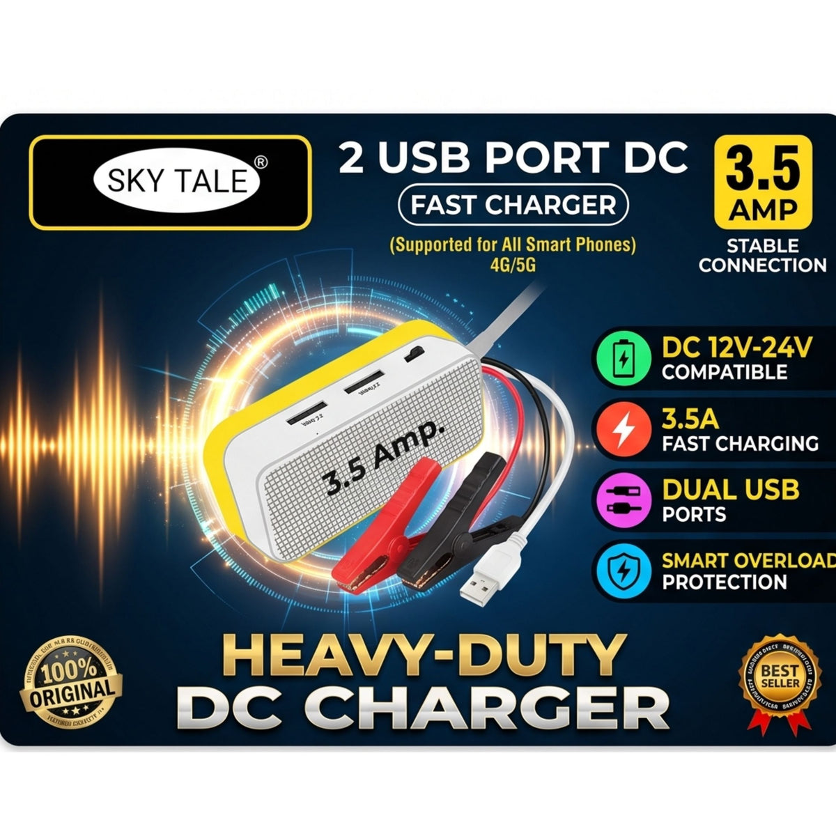 Sky Tale 2 USB Port. Fast Charger 3.5 Amp with Battery Clips & Fast Data Cable – 12V-24V Direct Battery Mobile Charger
