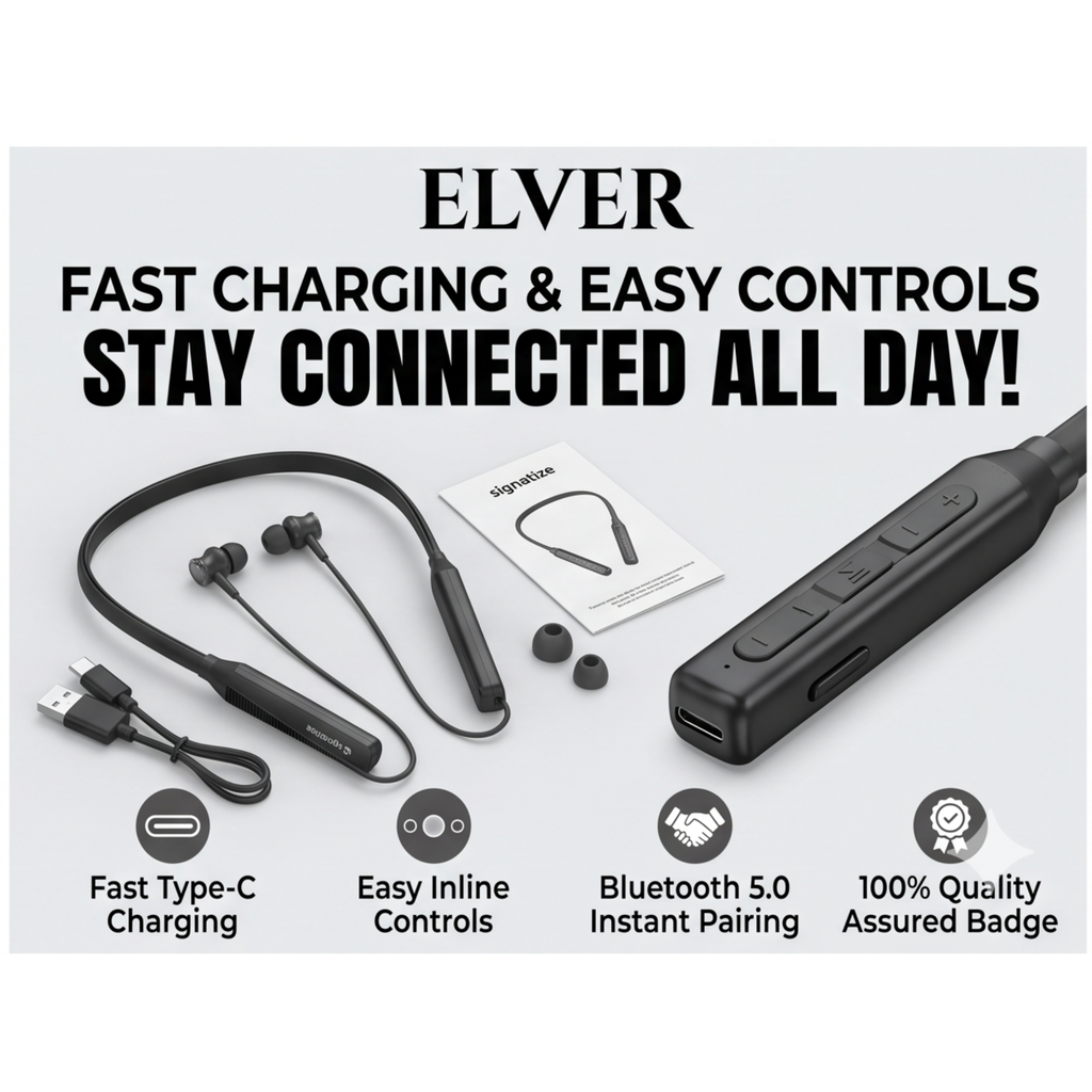 Wireless in-Ear Neckband Bluetooth Earphones with 10mm Drivers, Rich Music Experience, Above 20 Hours Playtime, Type C Fast Charging, Neckband Earphones