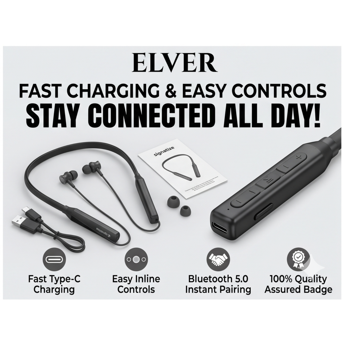 Wireless in-Ear Neckband Bluetooth Earphones with 10mm Drivers, Rich Music Experience, Above 20 Hours Playtime, Type C Fast Charging, Neckband Earphones