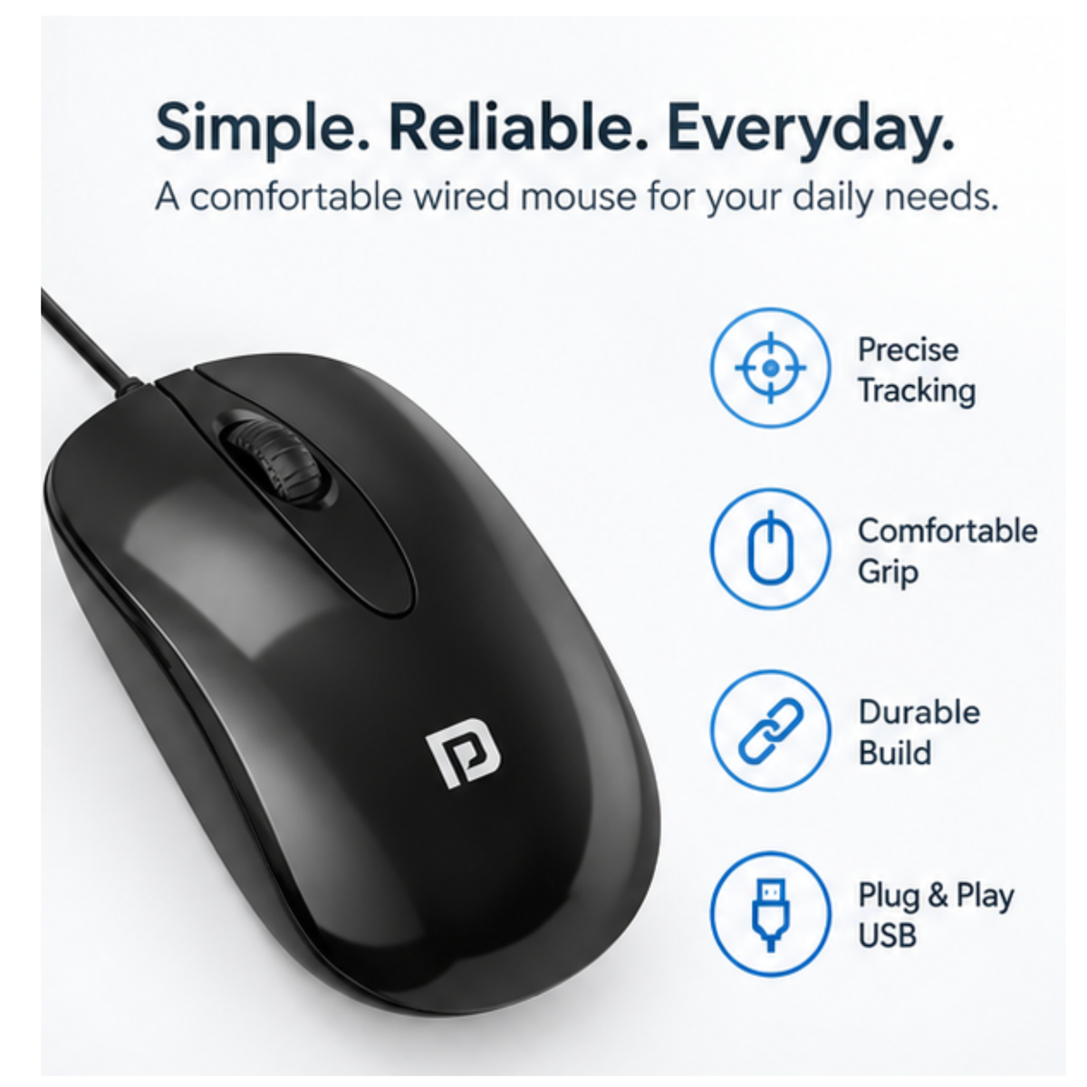 Black Wired USB Optical Mouse for Laptop, Desktop and Computer