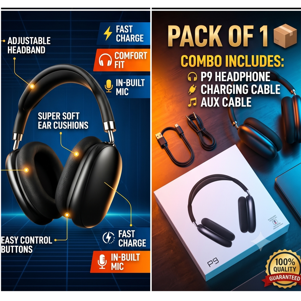 P9 Wireless Bluetooth Over-Ear Headphones with Deep Bass, Mic & Fast Charging – (Black)