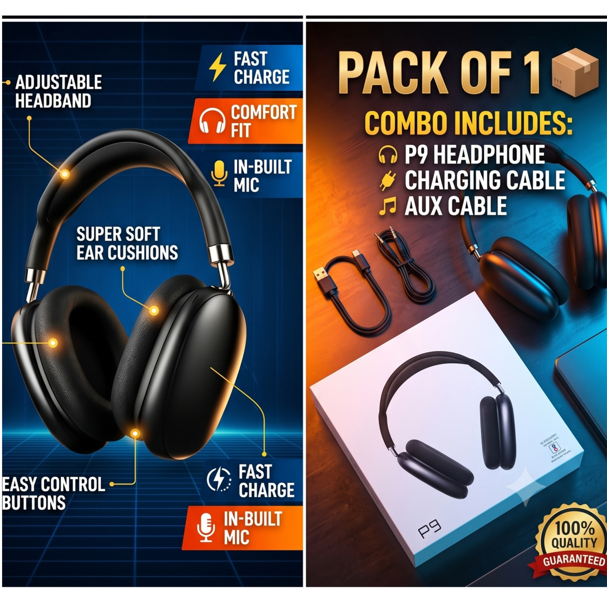 P9 Wireless Bluetooth Over-Ear Headphones with Deep Bass, Mic & Fast Charging – (Black)