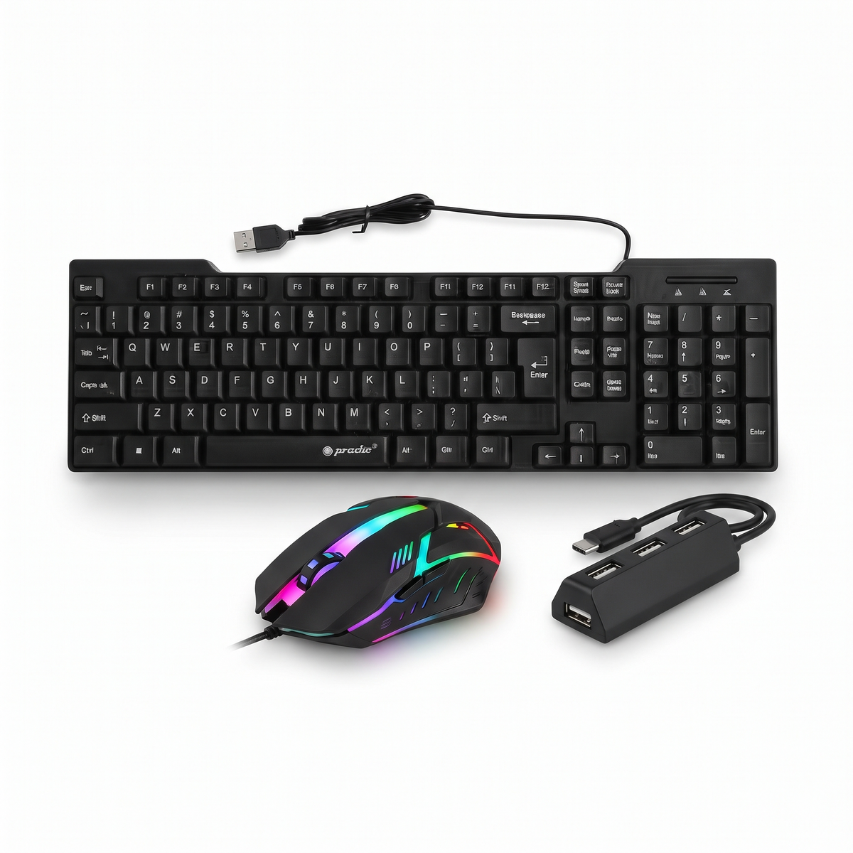 Combo 3-in-1 Tech Bundle: USB Full-Sized Keyboard, RGB Gaming Mouse & 4-Port USB Hub