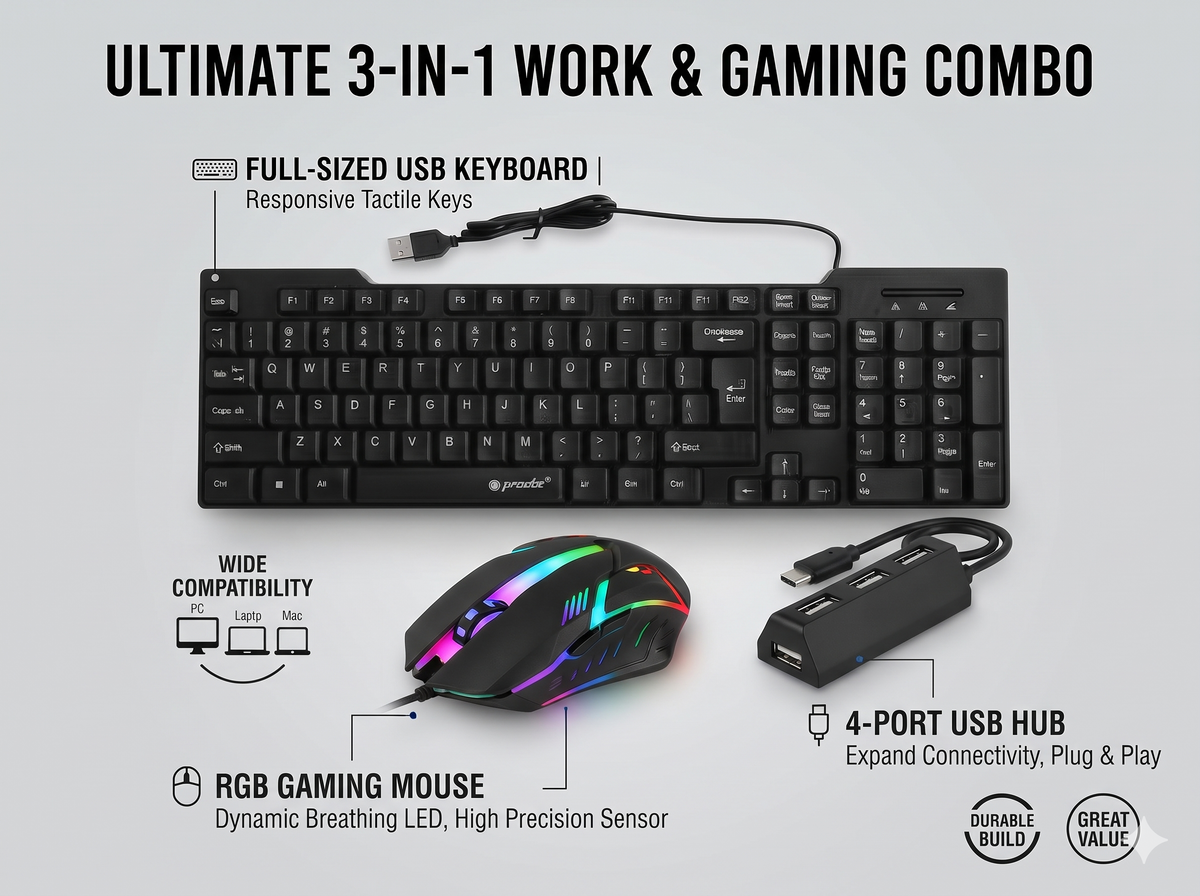 Combo 3-in-1 Tech Bundle: USB Full-Sized Keyboard, RGB Gaming Mouse & 4-Port USB Hub