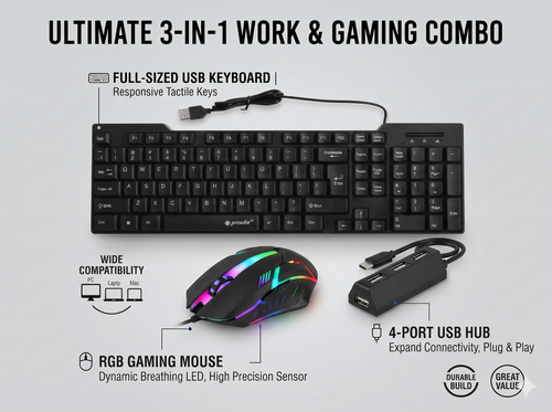 Combo 3-in-1 Tech Bundle: USB Full-Sized Keyboard, RGB Gaming Mouse & 4-Port USB Hub