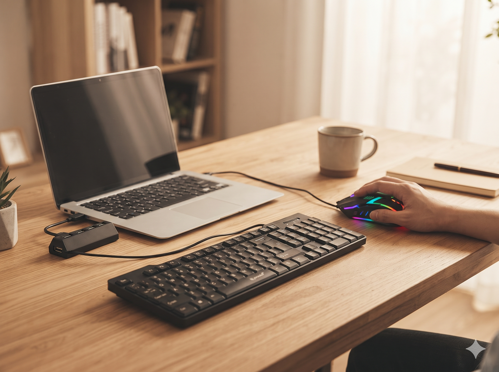 Combo 3-in-1 Tech Bundle: USB Full-Sized Keyboard, RGB Gaming Mouse & 4-Port USB Hub