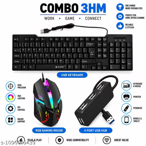 Combo 3-in-1 Tech Bundle: USB Full-Sized Keyboard, RGB Gaming Mouse & 4-Port USB Hub